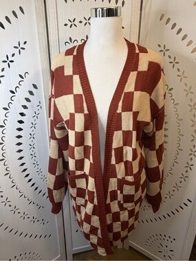 Rust and Cream Checkerboard Open Cardigan
